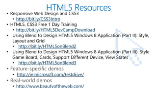 • Responsive Web Design and CSS3
• http://bit.ly/CSS3Intro
• HTML5, CSS3 Free 1 Day Training
• http://bit.ly/HTML5DevCampDownload
• Using Blend to Design HTML5 Windows 8 Application (Part II): Style,
Layout and Grid
• http://bit.ly/HTML5onBlend2
• Using Blend to Design HTML5 Windows 8 Application (Part III): Style
Game Board, Cards, Support Different Device, View States
• http://bit.ly/HTML5onBlend3

• Feature-specific demos

• http://ie.microsoft.com/testdrive/

• Real-world demos

PAGE

• http://www.beautyoftheweb.com/

 