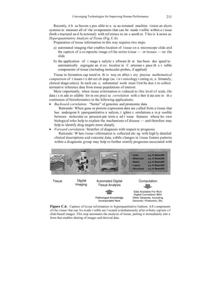 Converging Technologies for Improving Human Performance 
211 
Recently, it has become possible to use automated machine vision analysis 
systems to measure all of the components that can be made visible within a tissue 
(both structural and functional) with reference to one another. This is known as 
Hyperquantitative Analysis of Tissue (Fig. C.6). 
Preparation of tissue information in this way requires two steps: 
a) automated imaging that enables location of tissue on a microscope slide and 
the capture of a composite image of the entire tissue — or tissues — on the 
slide 
b) the application of image analytic software that has been designed to 
automatically segregate and co-localize in Cartesian space the visible 
components of tissue (including molecular probes, if applied) 
Tissue information captured in this way enables very precise mathematical 
comparison of tissues to detect change (as in toxicology testing or, ultimately, 
clinical diagnostics). In each case, substantial work must first be done to collect 
normative reference data from tissue populations of interest. 
More importantly, when tissue information is reduced to this level of scale, the 
data is made available for more precise correlation with other data sets in the 
continuum of bioinformatics in the following applications: 
• Backward correlation: “Sorter” of genomic and proteomic data 
Rationale: When gene or protein expression data are culled from a tissue that 
has undergone hyperquantitative analysis, tighter correlations are possible 
between molecular expression patterns and tissue features whose known 
biological roles help to explain the mechanisms of disease — and therefore may 
help to identify drug targets more sharply. 
• Forward correlation: Stratifier of diagnosis with respect to prognosis 
Rationale: When tissue information is collected along with highly detailed 
clinical descriptions and outcome data, subtle changes in tissue feature patterns 
within a diagnostic group may help to further stratify prognoses associated with 
Tissue Automated Digital 
Tissue Analysis 
Computation 
Data Available For Rich 
Digital Correlation With 
Other Datasets, Including 
Genomic, Proteomic, Etc. 
Digital 
Imaging 
Pathologist Knowledge 
Incorporated Here 
• Cells x,y; #; Mean±SD 
• Molecules x,y; #; Mean±SD 
• Matrix x,y; #; Mean±SD 
• Layers x,y; #; Mean±SD 
• Structures x,y; #; Mean±SD 
Figure C.6. Capture of tissue information in hyperquantitative fashion. All components 
of the tissue that can be made visible are located simultaneously after robotic capture of 
slide-based images. This step automates the analysis of tissue, putting it immediately into a 
form that enables sharing of images and derived data. 
 