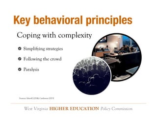 Key behavioral principles 
Coping with complexity 
! Simplifying strategies 
! Following the crowd 
! Paralysis 
Sources: Ideas42 (2014); Castleman (2013) 
 