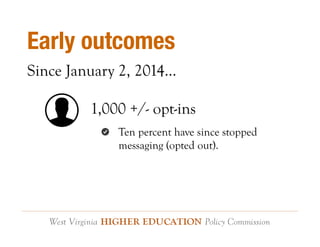 Early outcomes 
Since January 2, 2014… 
1,000 +/- opt-ins 
! Ten percent have since stopped 
messaging (opted out). 
 