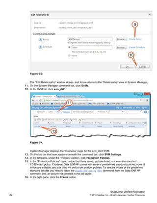 SnapMirror Unified Replication
30 © 2016 NetApp, Inc. All rights reserved. NetApp Proprietary
9
10
Figure 6-3:
The “Edit Relationship” window closes, and focus returns to the “Relationship” view in System Manager.
11. On the System Manager command bar, click SVMs.
12. In the SVM list, click svm_dst1.
11
12
Figure 6-4:
System Manager displays the “Overview” page for the svm_dst1 SVM.
13. On the tab bar that now appears beneath the command bar, click SVM Settings.
14. In the left pane, under the “Policies” section, click Protection Policies.
15. In the “Protection Policies” pane, notice that there are no policies listed, not even the standard
XDPDefault policy. Clustered Data ONTAP comes with several pre-defined standard policies, none of
which are editable, and this view will only show custom policies. To see the details of the predefined
standard policies you need to issue the snapmirror policy show command from the Data ONTAP
command line, an activity not covered in this lab guide.
16. In the right pane, click the Create button.
 