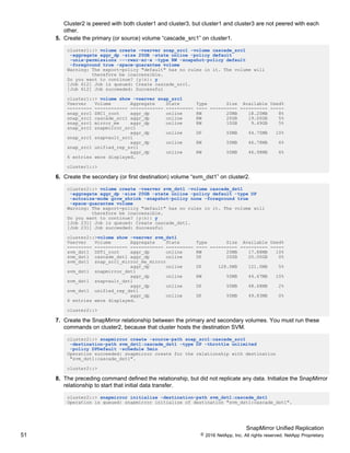 SnapMirror Unified Replication
51 © 2016 NetApp, Inc. All rights reserved. NetApp Proprietary
Cluster2 is peered with both cluster1 and cluster3, but cluster1 and cluster3 are not peered with each
other.
5. Create the primary (or source) volume “cascade_src1” on cluster1.
cluster1::> volume create -vserver snap_src1 -volume cascade_src1
-aggregate aggr_dp -size 20GB -state online -policy default
-unix-permissions ---rwxr-xr-x -type RW -snapshot-policy default
-foreground true -space-guarantee volume
Warning: The export-policy "default" has no rules in it. The volume will
therefore be inaccessible.
Do you want to continue? {y|n}: y
[Job 612] Job is queued: Create cascade_src1.
[Job 612] Job succeeded: Successful
cluster1::> volume show -vserver snap_src1
Vserver Volume Aggregate State Type Size Available Used%
--------- ------------ ------------ ---------- ---- ---------- ---------- -----
snap_src1 SRC1_root aggr_dp online RW 20MB 18.20MB 8%
snap_src1 cascade_src1 aggr_dp online RW 20GB 19.00GB 5%
snap_src1 mirror_me aggr_dp online RW 10GB 9.49GB 5%
snap_src1 snapmirror_src1
aggr_dp online DP 50MB 44.75MB 10%
snap_src1 snapvault_src1
aggr_dp online RW 50MB 46.78MB 6%
snap_src1 unified_rep_src1
aggr_dp online RW 50MB 46.98MB 6%
6 entries were displayed.
cluster1::>
6. Create the secondary (or first destination) volume “svm_dst1” on cluster2.
cluster2::> volume create -vserver svm_dst1 -volume cascade_dst1
-aggregate aggr_dp -size 20GB -state online -policy default -type DP
-autosize-mode grow_shrink -snapshot-policy none -foreground true
-space-guarantee volume
Warning: The export-policy "default" has no rules in it. The volume will
therefore be inaccessible.
Do you want to continue? {y|n}: y
[Job 231] Job is queued: Create cascade_dst1.
[Job 231] Job succeeded: Successful
cluster2::>volume show -vserver svm_dst1
Vserver Volume Aggregate State Type Size Available Used%
--------- ------------ ------------ ---------- ---- ---------- ---------- -----
svm_dst1 DST1_root aggr_dp online RW 20MB 17.88MB 10%
svm_dst1 cascade_dst1 aggr_dp online DP 20GB 20.00GB 0%
svm_dst1 snap_src1_mirror_me_mirror
aggr_dp online DP 128.0MB 121.0MB 5%
svm_dst1 snapmirror_dst1
aggr_dp online RW 50MB 44.67MB 10%
svm_dst1 snapvault_dst1
aggr_dp online DP 50MB 48.68MB 2%
svm_dst1 unified_rep_dst1
aggr_dp online DP 50MB 49.83MB 0%
6 entries were displayed.
cluster2::>
7. Create the SnapMirror relationship between the primary and secondary volumes. You must run these
commands on cluster2, because that cluster hosts the destination SVM.
cluster2::> snapmirror create -source-path snap_src1:cascade_src1
-destination-path svm_dst1:cascade_dst1 -type DP -throttle unlimited
-policy DPDefault -schedule 5min
Operation succeeded: snapmirror create for the relationship with destination
"svm_dst1:cascade_dst1".
cluster2::>
8. The preceding command defined the relationship, but did not replicate any data. Initialize the SnapMirror
relationship to start that initial data transfer.
cluster2::> snapmirror initialize -destination-path svm_dst1:cascade_dst1
Operation is queued: snapmirror initialize of destination "svm_dst1:cascade_dst1".
 