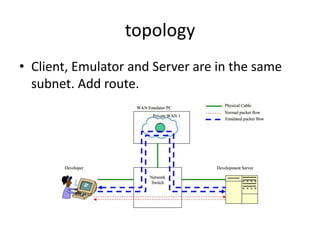 topology
• Client, Emulator and Server are in the same
  subnet. Add route.
 
