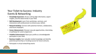 Your Ticket to Success: Industry
Events & Networking
• Knowledge Expansion: Access cutting-edge information, expert
insights, and the latest trends in your field.
• Skill Development: Learn from workshops, seminars, and
interactions with professionals to enhance your skillset.
• Network Building: Connect with potential mentors, collaborators,
and future employers.
• Career Advancement: Discover new job opportunities, internships,
or pathways for career progression.
• Visibility Enhancement: Raise your profile as a knowledgeable
participant in your field.
• Business Insights: Gain valuable market knowledge and identify
potential partnerships or funding sources for future ventures.
• Participate in virtual networking events
 