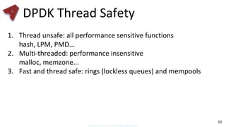 DPDK Thread Safety
1. Thread unsafe: all performance sensitive functions
hash, LPM, PMD...
2. Multi-threaded: performance insensitive
malloc, memzone...
3. Fast and thread safe: rings (lockless queues) and mempools
62
 