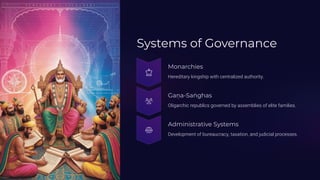 Systems of Governance
Monarchies
Hereditary kingship with centralized authority.
Ga_a-Sa_ghas
Oligarchic republics governed by assemblies of elite families.
Administrative Systems
Development of bureaucracy, taxation, and judicial processes.
 