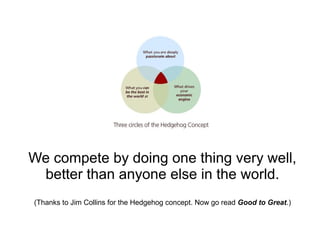 We compete by doing one thing very well,
better than anyone else in the world.
(Thanks to Jim Collins for the Hedgehog concept. Now go read Good to Great.)

 