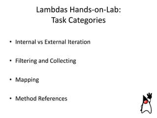 Lambdas Hands-on-Lab:
Task Categories
• Internal vs External Iteration

• Filtering and Collecting
• Mapping
• Method References

 