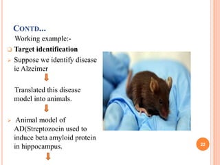 CONTD...
Working example:-
 Target identification
 Suppose we identify disease
ie Alzeimer
Translated this disease
model into animals.
 Animal model of
AD(Streptozocin used to
induce beta amyloid protein
in hippocampus. 22
 