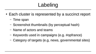 Labeling
●
Each cluster is represented by a succinct report
– Time span
– Screenshot thumbnails (by perceptual hash)
– Name of actors and teams
– Keywords used in campaigns (e.g. #opfrance)
– Category of targets (e.g, news, governmental sites)
 