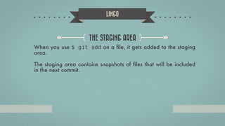 LINGO
THE STAGING AREA
When you use $ git add on a ﬁle, it gets added to the staging
area.
!
The staging area contains snapshots of ﬁles that will be included
in the next commit.
 