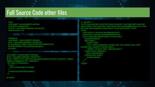 Full Source Code other files
<!-- add.html -->
<form><input type='text' name='first' value='Laurence'><input type='text' name='last'
value='Svekis'><input type='text' name='email' value='example@example.com'><input
type='text' name='password' value='secret'><input type='submit'> </form>
<script>
const myForm = document.querySelector('form');
const inputs = document.querySelectorAll('input');
myForm.addEventListener("submit", function (evt) {
evt.preventDefault();
fetch('/adder', {
method: 'POST'
, body: JSON.stringify({first: inputs[0].value, last: inputs[1].value, email:
inputs[2].value, password: inputs[3].value })
, headers: {"Content-Type": "application/json" }
}).then(function (response) {
return response.json()
}).then(function (body) {
console.log(body);
});
});
</script>
//db.js
const sqlite3 = require('sqlite3').verbose()
const md5 = require('md5')
const db = new sqlite3.Database('./db/user.db');
module.exports = db
//dbsetup.js
const sqlite3 = require('sqlite3').verbose();
let db = new sqlite3.Database('./db/user.db');
db.run('CREATE TABLE users(id INTEGER PRIMARY KEY
AUTOINCREMENT,first,last,email,password)');
db.close();
const sqlite3 = require('sqlite3').verbose();
let db = new sqlite3.Database('./db/user.db');
let sql = 'INSERT INTO users (first,last,email,password) VALUES ("Laurence", "Svekis",
"gappscourses@gmail.com", "password")';
db.run(sql, [], function(err) {
if (err) {
return console.log(err.message);
}
console.log(`Rowid ${this.lastID}`);
});
db.close();
 