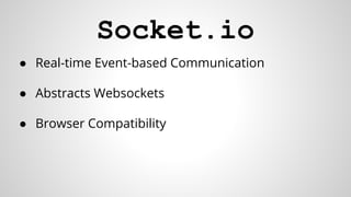 Socket.io
● Real-time Event-based Communication
● Abstracts Websockets
● Browser Compatibility
 