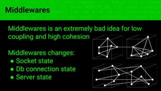 const fs = require('fs'); const compose = (...funcs) => x => funcs.
reduce((x, fn) => fn(x), x); const DENSITY_COL = 3; const renderTab
table => { const cellWidth = [18, 10, 8, 8, 18, 6]; return table.ma
=> (row.map((cell, i) => { const width = cellWidth[i]; return i ? c
Middlewares
Middlewares is an extremely bad idea for low
coupling and high cohesion
Middlewares changes:
● Socket state
● Db connection state
● Server state
 