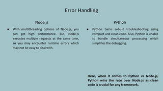Error Handling
Node.js
● With multithreading options of Node.js, you
can get high performance. But, Node.js
executes multiple requests at the same time,
so you may encounter runtime errors which
may not be easy to deal with.
Python
● Python backs robust troubleshooting using
compact and clean code. Also, Python is unable
to handle simultaneous processing which
simplifies the debugging.
Here, when it comes to Python vs Node.js,
Python wins the race over Node.js as clean
code is crucial for any framework.
 