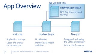 Start Generic Target Detection
     ndefmanager.cpp
     NdefManager::NdefManager(QObject *parent) : QObject(parent)
     {
         // [...]
         // React only to Uri records (NfcRtd, "U")
         QNdefFilter filter;
         filter.appendRecord<QNdefNfcUriRecord>();
         nfcManager->registerNdefMessageHandler(filter,
             this, SLOT(targetDetected(QNdefMessage,QNearFieldTarget*)));

           // Get notified when the tag gets out of range
           connect(nfcManager, SIGNAL(targetLost(QNearFieldTarget*)),
               this, SLOT(targetLost(QNearFieldTarget*)));
           connect(nfcManager, SIGNAL(targetDetected(QNearFieldTarget*)),
               this, SLOT(targetDetected(QNearFieldTarget*)));
           nfcManager->startTargetDetection();
     }
45       © 2012 Nokia Nokia NFC Development with Qt v2.2.0 November 5, 2012 Andreas Jakl
 