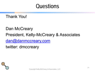 M
D
Questions
Thank You!
Dan McCreary
President, Kelly-McCreary & Associates
dan@danmccreary.com
twitter: dmccreary
Copyright Kelly-McCreary & Associates, LLC
71
 