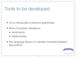 Tools to be developed
• UI to manipulate a schema graphically
• More Complete Validators:
• constraints
• relationships
• Per language library to validate inserted/updated
documents
35
 