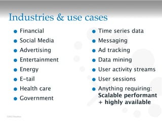 Industries & use cases
  • Financial      • Time series data
  • Social Media   • Messaging
  • Advertising    • Ad tracking
  • Entertainment  • Data mining
  • Energy         • User activity streams
  • E-tail         • User sessions
  • Health care    • Anything requiring:
                     Scalable performant
  • Government       + highly available

©2012 DataStax
 