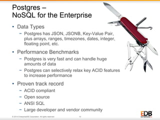 © 2014 EnterpriseDB Corporation. All rights reserved. 10
• Data Types
− Postgres has JSON, JSONB, Key-Value Pair,
plus arrays, ranges, timezones, dates, integer,
floating point, etc.
• Performance Benchmarks
− Postgres is very fast and can handle huge
amounts of data
− Postgres can selectively relax key ACID features
to increase performance
• Proven track record
− ACID compliant
− Open source
− ANSI SQL
− Large developer and vendor community
Postgres –
NoSQL for the Enterprise
 