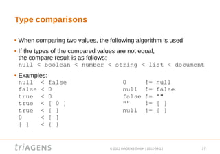Type comparisons

   When comparing two values, the following algorithm is used
   If the types of the compared values are not equal,
    the compare result is as follows:
    null < boolean < number < string < list < document
   Examples:
    null < false                           0             !=     null
    false < 0                              null          !=     false
    true < 0                               false         !=     ""
    true < [ 0 ]                           ""            !=     [ ]
    true < [ ]                             null          !=     [ ]
    0     < [ ]
    [ ]   < { }


                                    © 2012 triAGENS GmbH | 2012-04-13   17
 