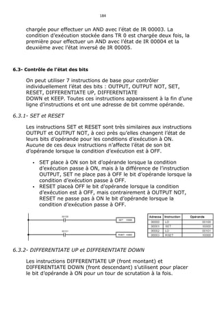 184
chargée pour effectuer un AND avec l’état de IR 00003. La
condition d’exécution stockée dans TR 0 est chargée deux fois, la
première pour effectuer un AND avec l’état de IR 00004 et la
deuxième avec l’état inversé de IR 00005.
6.3- Contrôle de l’état des bits
On peut utiliser 7 instructions de base pour contrôler
individuellement l’état des bits : OUTPUT, OUTPUT NOT, SET,
RESET, DIFFERENTIATE UP, DIFFERENTIATE
DOWN et KEEP. Toutes ces instructions apparaissent à la fin d’une
ligne d’instructions et ont une adresse de bit comme opérande.
6.3.1- SET et RESET
Les instructions SET et RESET sont très similaires aux instructions
OUTPUT et OUTPUT NOT, à ceci près qu’elles changent l’état de
leurs bits d’opérande pour les conditions d’exécution à ON.
Aucune de ces deux instructions n’affecte l’état de son bit
d’opérande lorsque la condition d’exécution est à OFF.
 SET place à ON son bit d’opérande lorsque la condition
d’exécution passe à ON, mais à la différence de l’instruction
OUTPUT, SET ne place pas à OFF le bit d’opérande lorsque la
condition d’exécution passe à OFF.
 RESET placeà OFF le bit d’opérande lorsque la condition
d’exécution est à OFF, mais contrairement à OUTPUT NOT,
RESET ne passe pas à ON le bit d’opérande lorsque la
condition d’exécution passe à OFF.
6.3.2- DIFFERENTIATE UP et DIFFERENTIATE DOWN
Les instructions DIFFERENTIATE UP (front montant) et
DIFFERENTIATE DOWN (front descendant) s’utilisent pour placer
le bit d’opérande à ON pour un tour de scrutation à la fois.
 