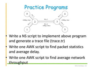Practice Programs
• Write a NS script to implement above program
and generate a trace file (trace.tr)
• Write one AWK script to find packet statistics
and average delay.
• Write one AWK script to find average network
throughput
NS-2/AN/Intro/ 24
 