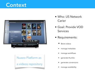 Context
• Who: US Network
Carier
• Goal: Provide VOD
Services
• Requirements:
• store videos
• manage metadata
• manage workﬂows
• generate thumbs
• generate conversions
• manage availability
Nuxeo Platform as
a videos repository
 