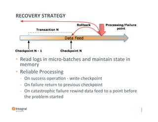 RECOVERY	STRATEGY	
•  Read	logs	in	micro-batches	and	maintain	state	in	
memory	
•  Reliable	Processing	
-  On	success	operaVon	-	write	checkpoint	
-  On	failure	return	to	previous	checkpoint	
-  On	catastrophic	failure	rewind	data	feed	to	a	point	before	
the	problem	started	
 