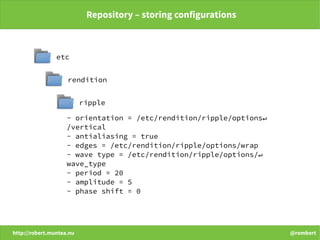 http://robert.muntea.nu @rombert
Repository – storing configurations
etc
rendition
ripple
- orientation = /etc/rendition/ripple/options↵
/vertical
- antialiasing = true
- edges = /etc/rendition/ripple/options/wrap
- wave type = /etc/rendition/ripple/options/↵
wave_type
- period = 20
- amplitude = 5
- phase shift = 0
 