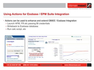 Using Actions for Essbase / EPM Suite Integration Actions can be used to enhance and extend OBIEE / Essbase Integration Launch HFM, FR etc passing BI credentials Writeback to Essbase database Run calc script, etc T :  +44 (0) 8446 697 995  or  (888) 631 1410 (USA)   E :  [email_address]   W:  www.rittmanmead.com 