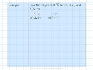 Example Find the midpoint of QR for Q(—3, 6) and
R(7, —4)
x1 y1 x2 y2
Q(—3, 6) R(7, —4)
 