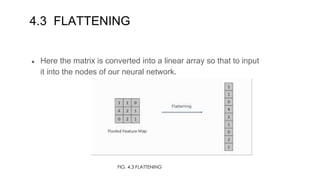4.3 FLATTENING
● Here the matrix is converted into a linear array so that to input
it into the nodes of our neural network.
FIG. 4.3 FLATTENING
 
