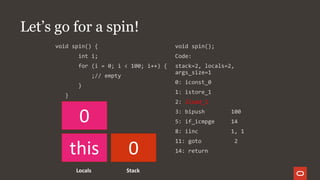 Let’s go for a spin!
void spin() {
int i;
for (i = 0; i < 100; i++) {
;// empty
}
}
void spin();
Code:
stack=2, locals=2,
args_size=1
0: iconst_0
1: istore_1
2: iload_1
3: bipush 100
5: if_icmpge 14
8: iinc 1, 1
11: goto 2
14: return
StackLocals
this
0
0
 