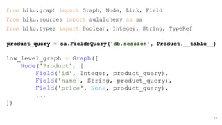 from hiku.graph import Graph, Node, Link, Field
from hiku.sources import sqlalchemy as sa
from hiku.types import Boolean, Integer, String, TypeRef
product_query = sa.FieldsQuery('db.session', Product.__table__)
low_level_graph = Graph([
Node('Product', [
Field('id', Integer, product_query),
Field('name', String, product_query),
Field('price', None, product_query),
...
])
13
 
