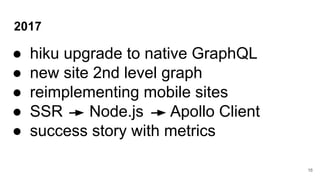 2017
● hiku upgrade to native GraphQL
● new site 2nd level graph
● reimplementing mobile sites
● SSR Node.js Apollo Client
● success story with metrics
16
 