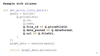 55
Example with aliases
def get_price_lists_data():
query = build([
Q.priceLists[
Q.id,
Q.name,
Q.file_id << Q.priceFileId,
Q.date_posted << Q.datePosted,
Q.url << Q.fileUrl,
]
])
graph_data = execute(query)
return graph_data.priceLists
 