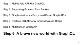 65
Step 1. Mobile App API with GraphQL
Step 2. Separating Frontend from Backend
Step 3. Graph services as Proxy via different Graph APIs
Step 4. Replace SQLAlchemy models logic via Graph
Step 5. Mutations in Graph API
Step 6. A brave new world with GraphQL
 