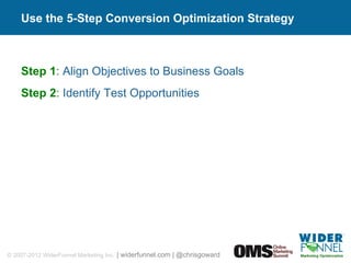 Use the 5-Step Conversion Optimization Strategy Step 1 :  Align Objectives to Business Goals Step 2 :  Identify Test Opportunities 