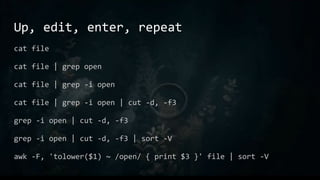 Up, edit, enter, repeat
cat file
cat file | grep open
cat file | grep -i open
cat file | grep -i open | cut -d, -f3
grep -i open | cut -d, -f3
grep -i open | cut -d, -f3 | sort -V
awk -F, 'tolower($1) ~ /open/ { print $3 }' file | sort -V
 