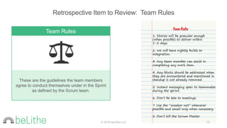Retrospective Item to Review: Team Rules
Team Rules
These are the guidelines the team members
agree to conduct themselves under in the Sprint
as defined by the Scrum team.
© 2016 beLithe LLC 73
 
