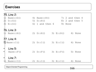 Exercises
75. Line 2:
1) Base::G()
2) D::G()
3) E::G()

4) Base::H()
5) D::H()
6) 1 and then 4

7) 2 and then 4
8) 2 and then 5
9) None

76. Line 3:
1) Base::H()

2) D::H()

3) E::H()

4) None

77. Line 4:
1) Base::I()

2) D::I()

3) E::I()

4) None

2) D::F()

3) E::F()

5) None

2) D::I()

3) E::I()

4) None

•
•

•

Line 5:
Base::F()

Line 7:

1) Base::I()
Object-Oriented Programming

166

 