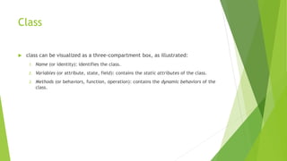 Class
 class can be visualized as a three-compartment box, as illustrated:
1. Name (or identity): identifies the class.
2. Variables (or attribute, state, field): contains the static attributes of the class.
3. Methods (or behaviors, function, operation): contains the dynamic behaviors of the
class.
 