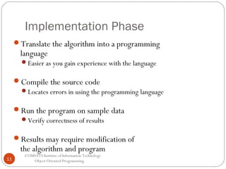 Implementation Phase
Translate the algorithm into a programming

language

Easier as you gain experience with the language

Compile the source code
Locates errors in using the programming language
Run the program on sample data
Verify correctness of results
Results may require modification of

the algorithm and program

11

COMSATS Institute of Information Technology
Object Oriented Programming

 