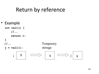 48
Return by reference
• Example
int val1() {
//……
return i;
}
//……
j = val1();
i j
Temporary
storage
8 8 8
 
