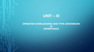 UNIT – III
OPERATOR OVERLOADING AND TYPE CONVERSION
&
INHERITANCE
2
 