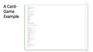 #include <iostream>
using namespace std;
enum Suit { clubs, diamonds, hearts, spades };
const int jack = 11; //from 2 to 10 are
const int queen = 12; //integers without names
const int king = 13;
const int ace = 14;
class card
{
private:
int number; //2 to 10, jack, queen, king, ace
Suit suit; //clubs, diamonds, hearts, spades
public:
card() //constructor (no args)
{ }
//constructor (two args)
card(int n, Suit s) : number(n), suit(s)
{ }
void display(); //display card
bool isEqual(card); //same as another card?
};
void card::display() //display the card
{
if (number >= 2 && number <= 10)
cout << number << " of ";
else
switch (number)
{
case jack:
cout << "jack of ";
break;
case queen:
cout << "queen of ";
break;
case king:
cout << "king of ";
break;
case ace:
cout << "ace of ";
break;
}
switch (suit)
{
case clubs: cout << "clubs"; break;
case diamonds: cout << "diamonds"; break;
case hearts: cout << "hearts"; break;
case spades: cout << "spades"; break;
}
}
bool card::isEqual(card c2) //return true if cards equal
{
return (number == c2.number && suit == c2.suit) ? true : false;
}
int main()
{
card temp, chosen, prize; //define various cards
int position;
card card1(7, clubs); //define & initialize card1
cout << "nCard 1 is the ";
card1.display(); //display card1
card card2(jack, hearts); //define & initialize card2
cout << "nCard 2 is the ";
card2.display(); //display card2
card card3(ace, spades); //define & initialize card3
cout << "nCard 3 is the ";
card3.display(); //display card3
prize = card3; //prize is the card to guess
cout << "nI'm swapping card 1 and card 3";
temp = card3;
card3 = card1;
card1 = temp;
cout << "nI'm swapping card 2 and card 3";
temp = card3;
card3 = card2;
card2 = temp;
cout << "nI'm swapping card 1 and card 2";
temp = card2;
card2 = card1;
card1 = temp;
cout << "nNow, where (1, 2, or 3) is the ";
prize.display(); //display prize card
cout << " ? ";
cin >> position; //get user’s guess of position
switch (position)
{ //set chosen to user’s choice
case 1:
chosen = card1;
break;
case 2:
chosen = card2;
break;
case 3:
chosen = card3;
break;
}
if (chosen.isEqual(prize)) //is chosen card the prize?
cout << "That's right! You win!";
else
cout << "Sorry. You lose.";
cout << " You chose the ";
chosen.display(); //display chosen card
cout << endl;
return 0;
}
A Card-
Game
Example
 