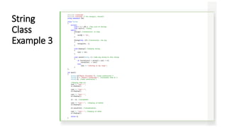 #include <iostream>
#include <cstring> // for strcpy(), strcat()
using namespace std;
class String
{
private:
enum { SZ = 80 }; //max size of Strings
char str[SZ]; //array
public:
String() //constructor, no args
{
str[0] = '0’;
}
String(char s[]) //constructor, one arg
{
strcpy(str, s);
}
void display() //display string
{
cout << str;
}
void concat(String s2) //add arg string to this string
{
if (strlen(str) + strlen(s2.str) < SZ)
strcat(str, s2.str);
else
cout << "nString is too long!";
}
};
int main()
{
String s1("Merry Christmas!"); //uses constructor 2
String s2 = "Season's Greetings!"; //alternate form of 2
String s3; //uses constructor 1
//display them all
cout << "ns1 = ";
s1.display();
cout << "ns2 = ";
s2.display();
cout << "ns3 = ";
s3.display();
s3 = s1; //assignment
cout << "ns3 = "; //display s3 before
s3.display();
s3.concat(s2); //concatenation
cout << "ns3 = "; //display s3 after
s3.display();
return 0;
}
String
Class
Example 3
 