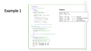 #include <iostream>
using namespace std;
class Distance //English Distance class
{
private:
int feet;
float inches;
public: //constructor (no args)
Distance() : feet(0), inches(0.0)
{ }
//constructor (two args)
Distance(int ft, float in) : feet(ft), inches(in)
{ }
void getdist() //get length from user
{
cout << "nEnter feet : "; cin >> feet;
cout << "Enter inches : "; cin >> inches;
}
void showdist() const //display distance
{
cout << feet << "' - " << inches << '"';
}
Distance operator + (Distance) const; //add 2 distances
};
//add this distance to d2
Distance Distance::operator + (Distance d2) const //return sum
{
int f = feet + d2.feet; //add the feet
float i = inches + d2.inches; //add the inches
if (i >= 12.0) //if total exceeds 12.0
{ //then decrease inches by 12.0 and increase feet by 1
i -= 12.0;
f++;
}
return Distance(f, i); //return a temporary Distance initialized to sum
}
int main()
{
Distance dist1, dist3, dist4; //define distances
dist1.getdist(); //get dist1 from user
Distance dist2(11, 6.25); //define, initialize dist2
dist3 = dist1 + dist2; //single ‘+’ operator
dist4 = dist1 + dist2 + dist3; //multiple ‘+’ operators
//display all lengths
cout << "dist1 = "; dist1.showdist(); cout << endl;
cout << "dist2 = "; dist2.showdist(); cout << endl;
cout << "dist3 = "; dist3.showdist(); cout << endl;
cout << "dist4 = "; dist4.showdist(); cout << endl;
return 0;
}
Example 1 Output:
 
